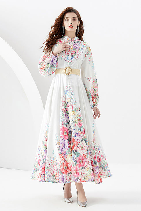Sweet Young Lady Vintage Floral Print Long Lantern Sleeves, Stand-Up Collar Long Maxi Dress
